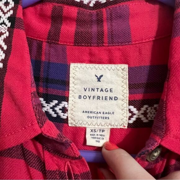 American Eagle Boho western red plaid cowgirl button down shirt, size XS - Picture 5 of 5